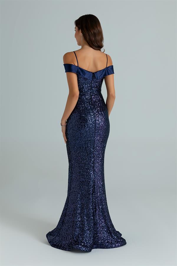 Saten Detay Pullu Abiye - LACİVERT