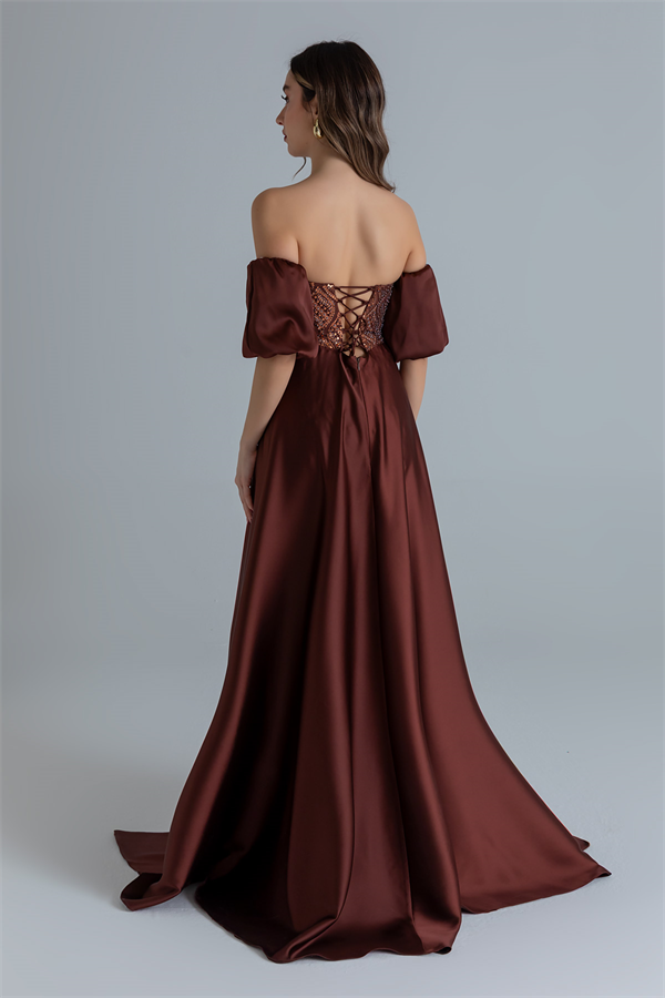 Saten Kuyruklu Taşlı Abiye - BRONZ