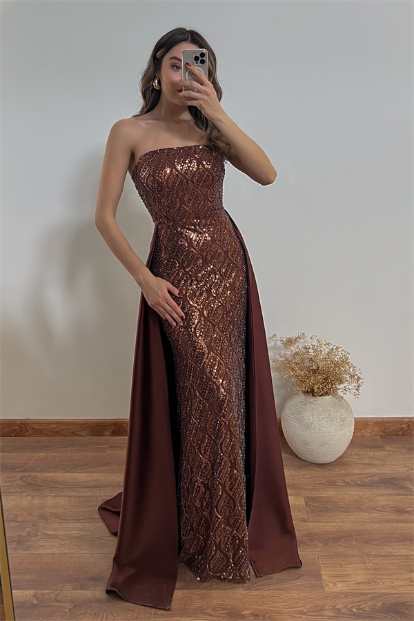 Saten Kuyruklu Taşlı Abiye - BRONZ