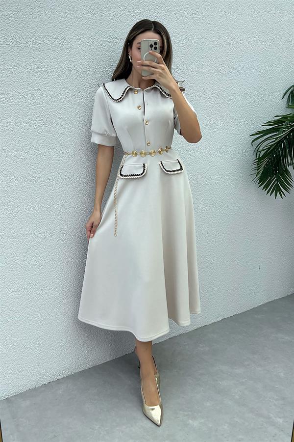 Şerit Detaylı Modal Elbise - TAŞ