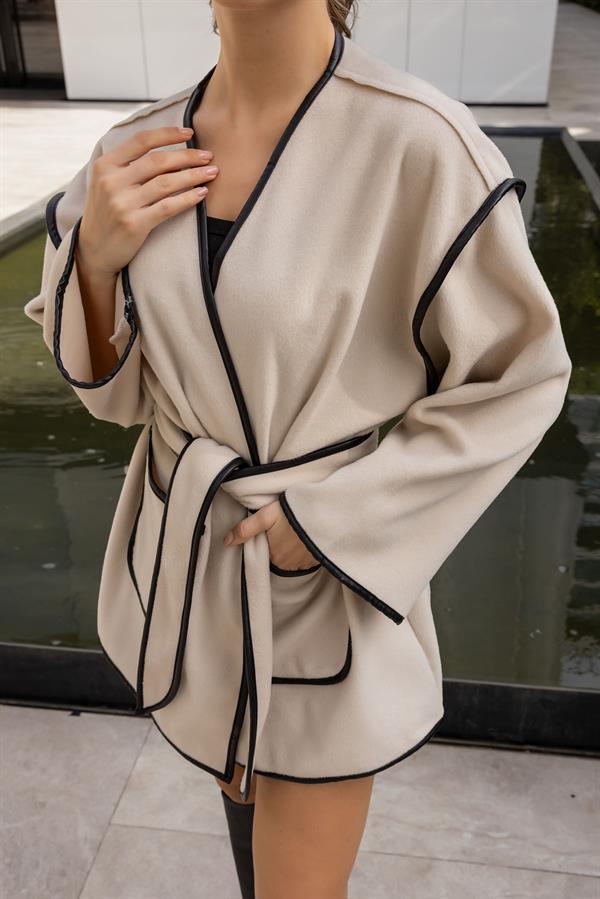 Şerit Geçişli Kaşe Ceket - KREM