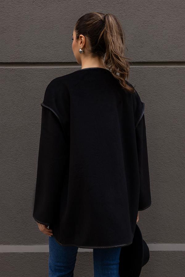 Şerit Geçişli Kaşe Ceket - SİYAH