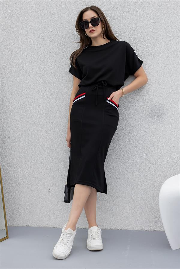 Şeritli Etek Bluz Takım - SİYAH