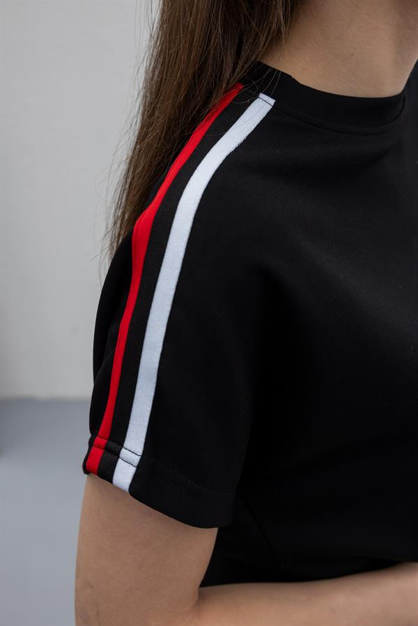 Şeritli Etek Bluz Takım - SİYAH