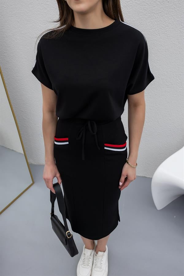 Şeritli Etek Bluz Takım - SİYAH