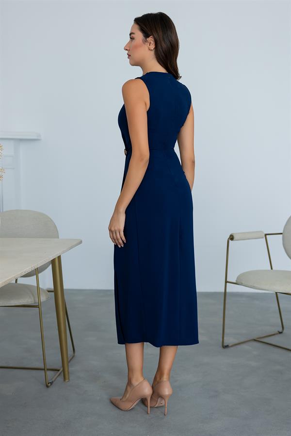 Sıfır Kol Broşlu Elbise - LACİVERT