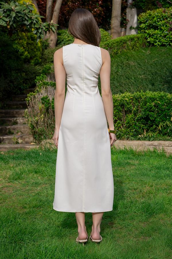 Sıfır Kol Cepli Elbise - KREM