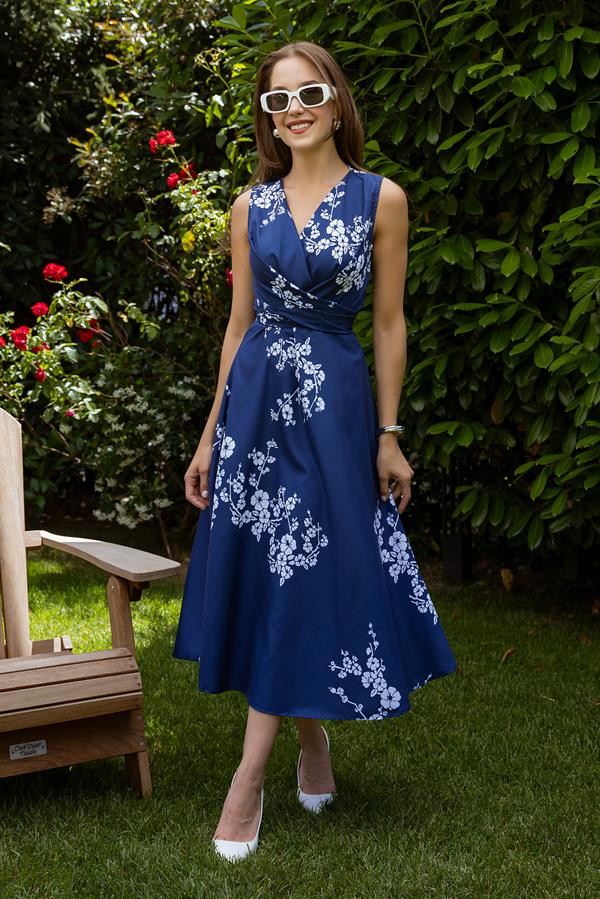 Sıfır Kol Çiçek Desenli Elbise - LACİVERT