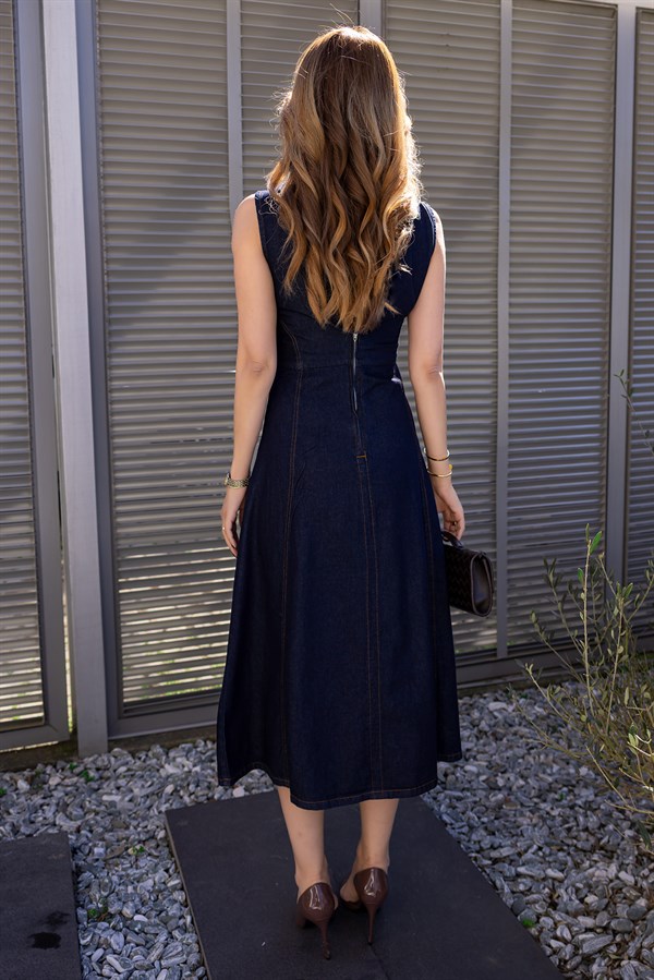 Sıfır Kol Denim Elbise - LACİVERT