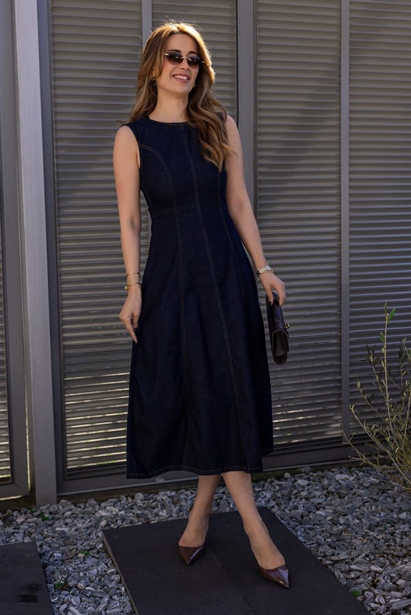Sıfır Kol Denim Elbise - LACİVERT