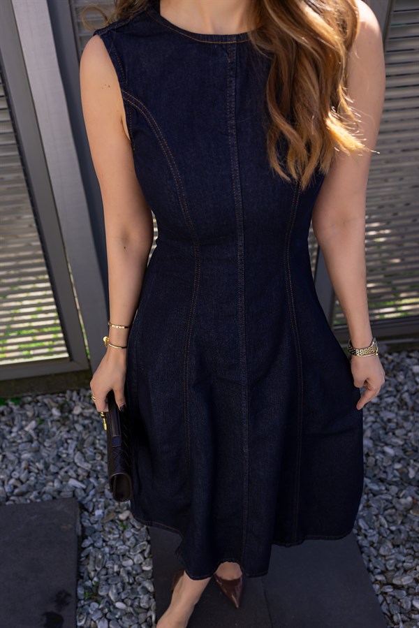 Sıfır Kol Denim Elbise - LACİVERT