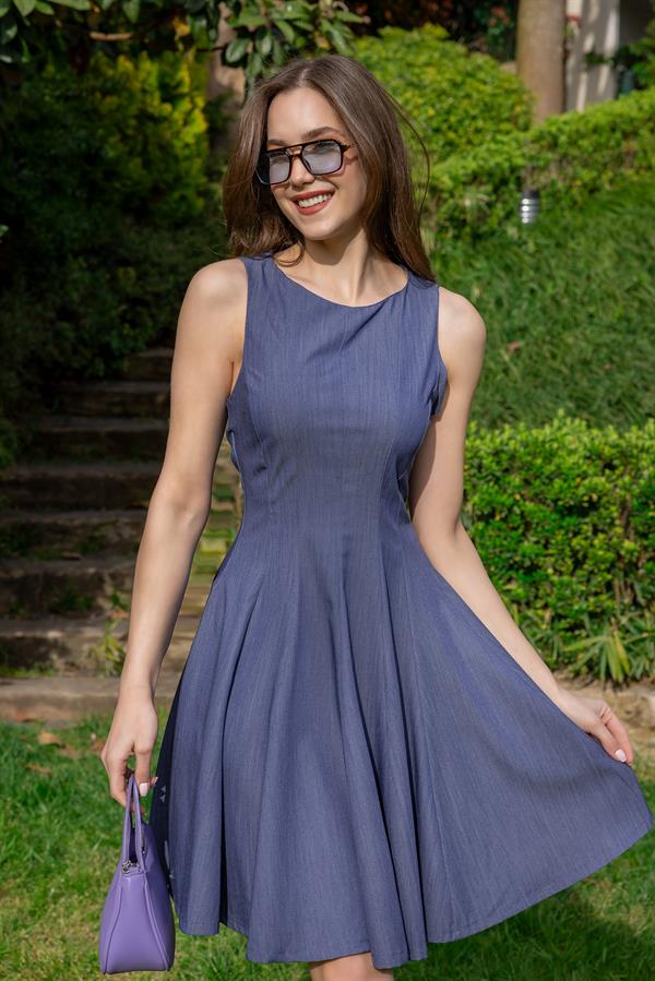 Sıfır Kol Kloş Elbise - İNDİGO