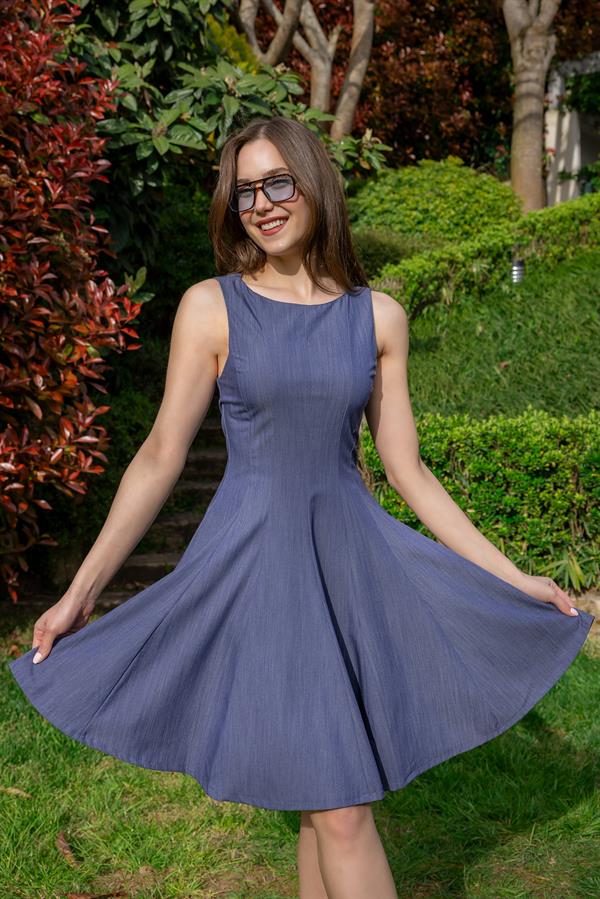 Sıfır Kol Kloş Elbise - İNDİGO