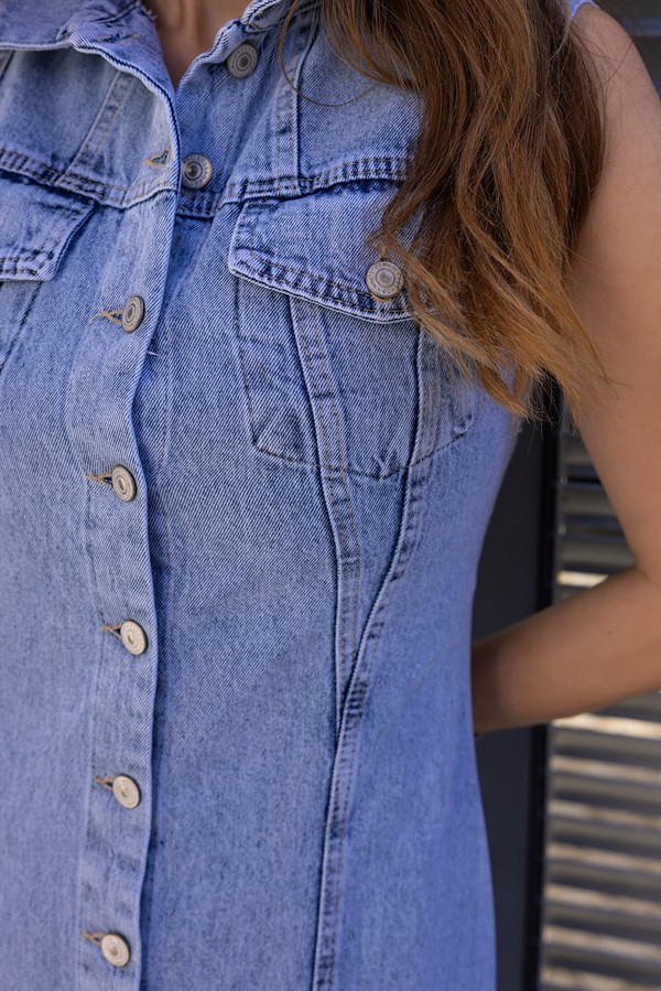 Sıfır Kol Kot Elbise - MAVİ