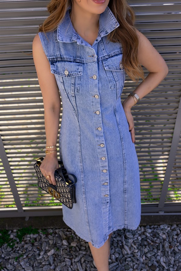 Sıfır Kol Kot Elbise - MAVİ