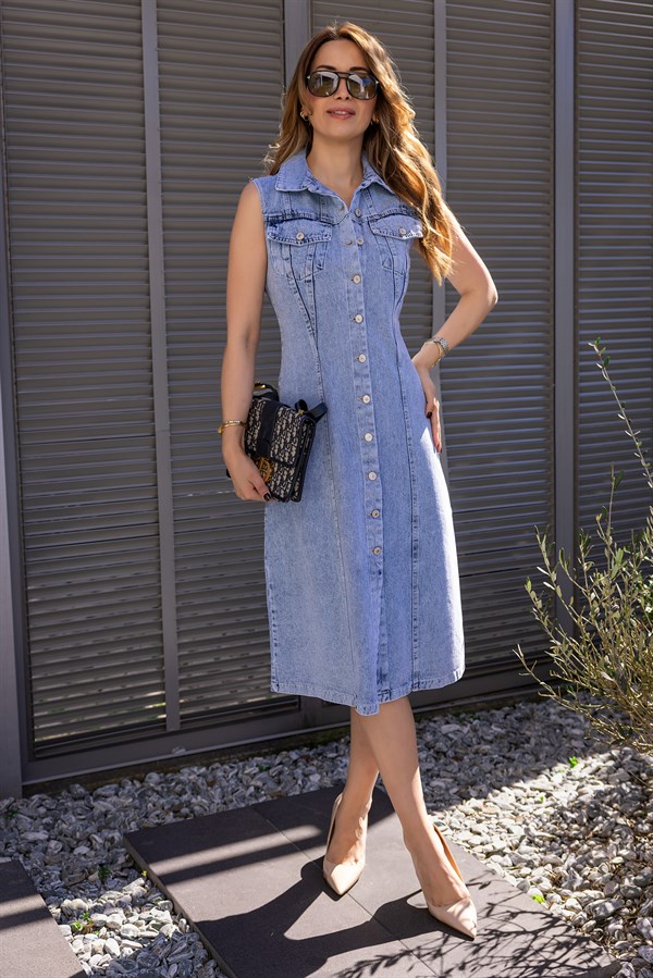 Sıfır Kol Kot Elbise - MAVİ