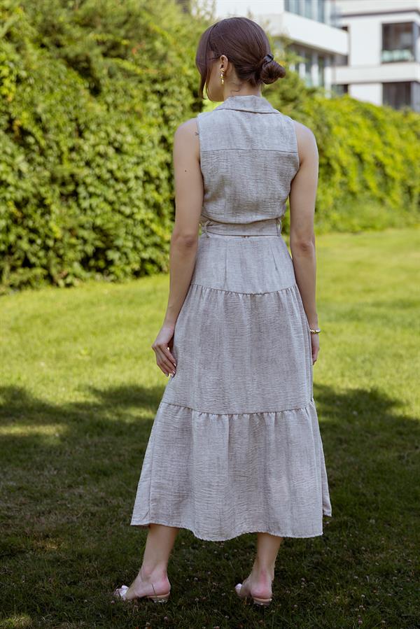 Sıfır Kol Maxi Elbise - BEJ