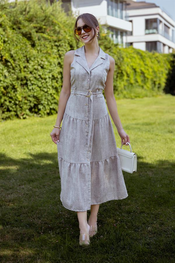 Sıfır Kol Maxi Elbise - BEJ