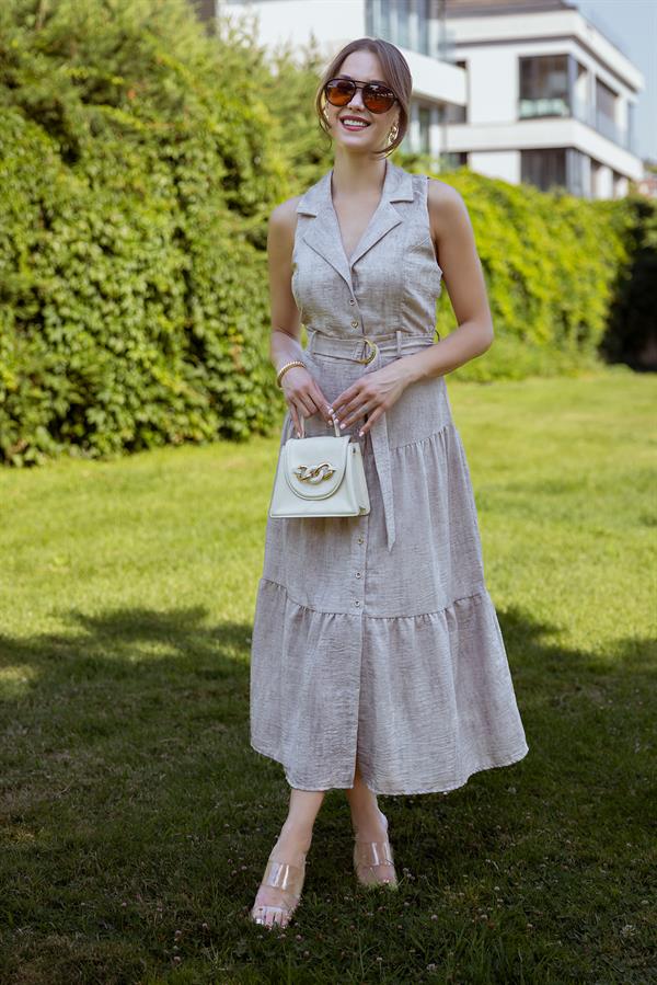 Sıfır Kol Maxi Elbise - BEJ