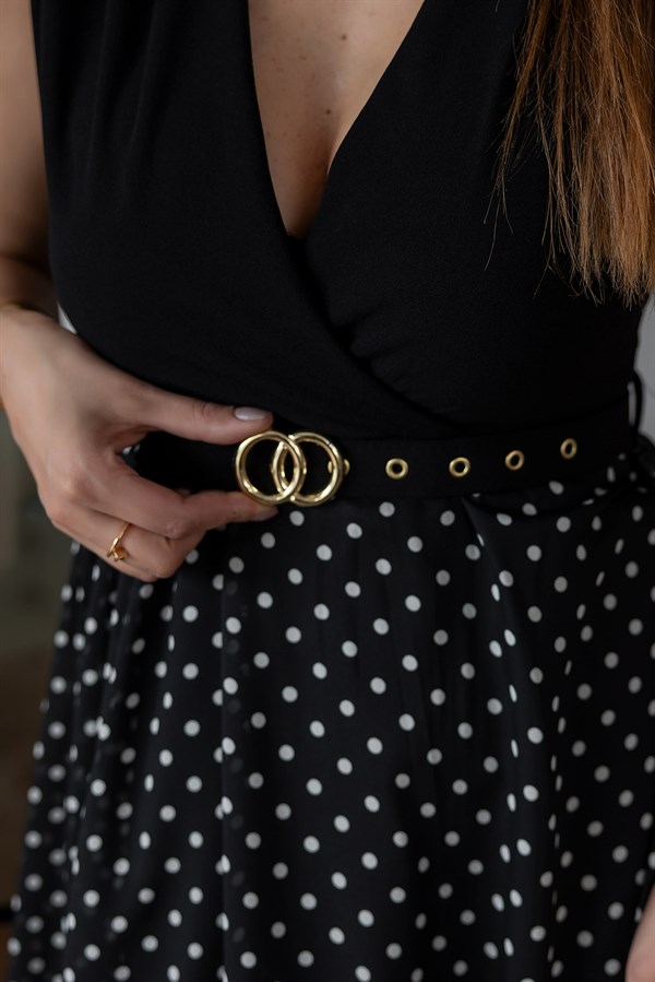 Sıfır Kol Puantiyeli Elbise - SİYAH