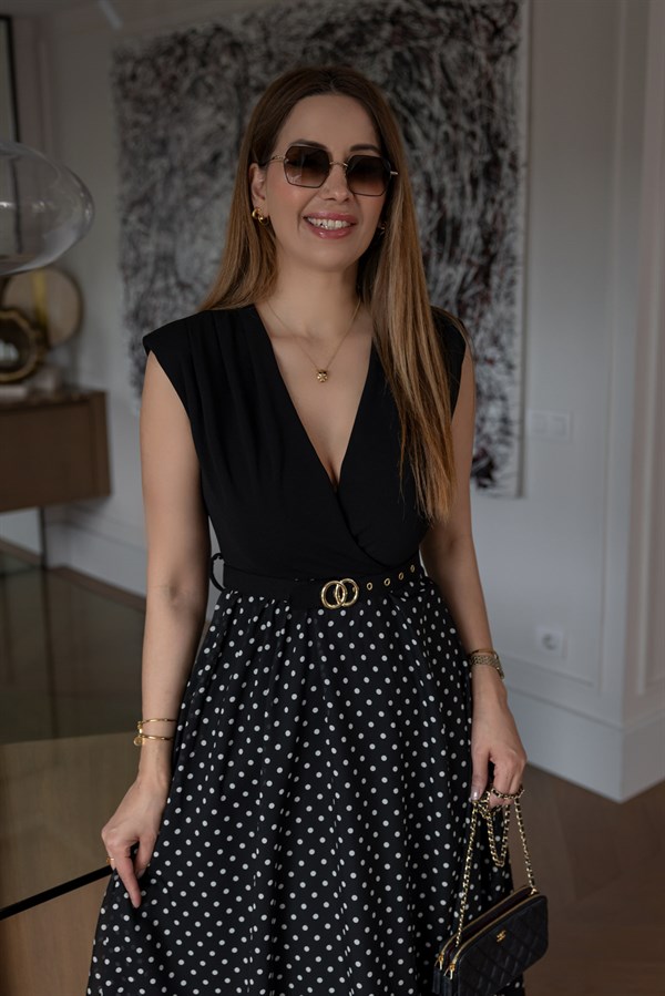 Sıfır Kol Puantiyeli Elbise - SİYAH