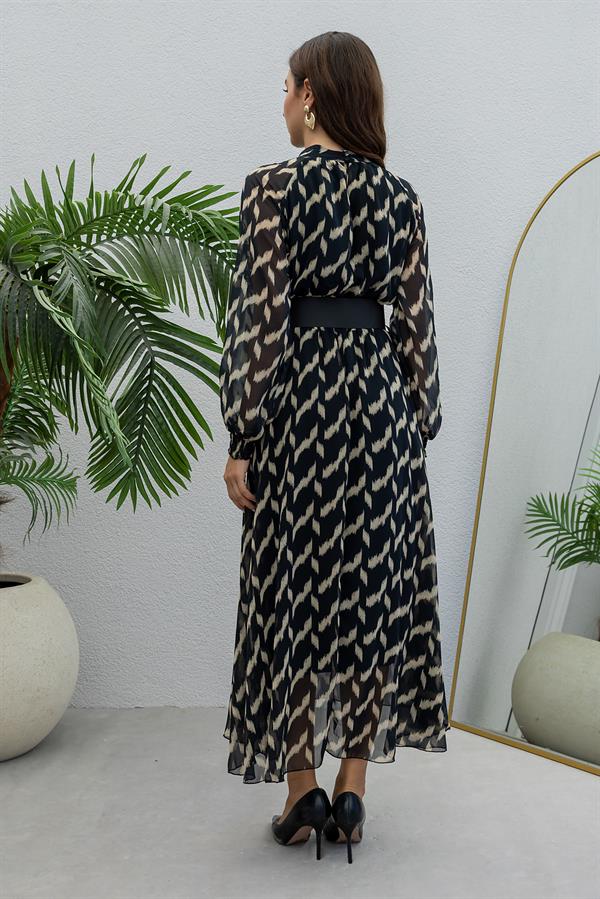 Şifon Desenli Elbise - SİYAH