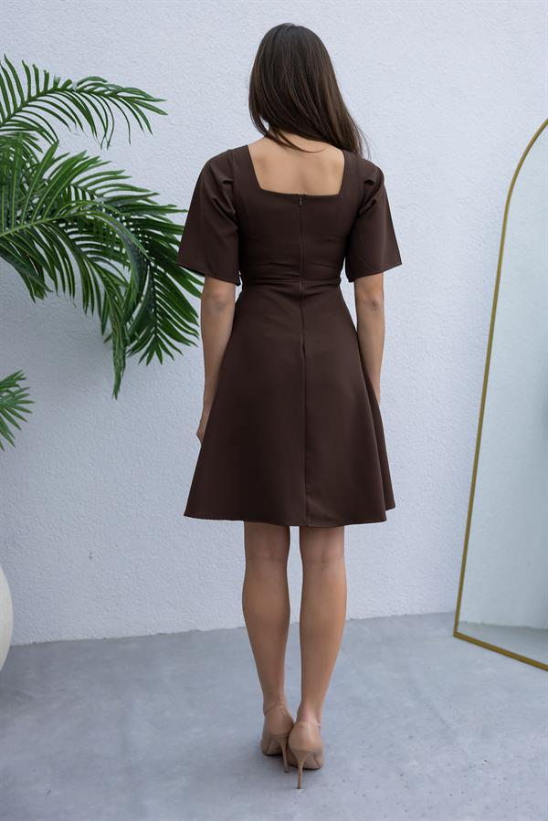 Şifon Detay Mini Elbise - KAHVERENGİ
