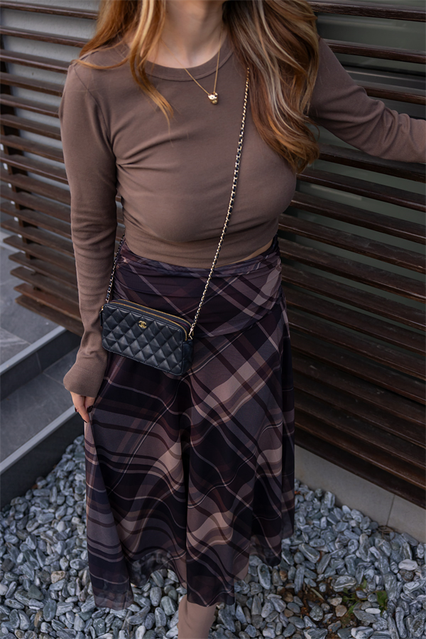 Şifon Ekose Etek - KAHVERENGİ