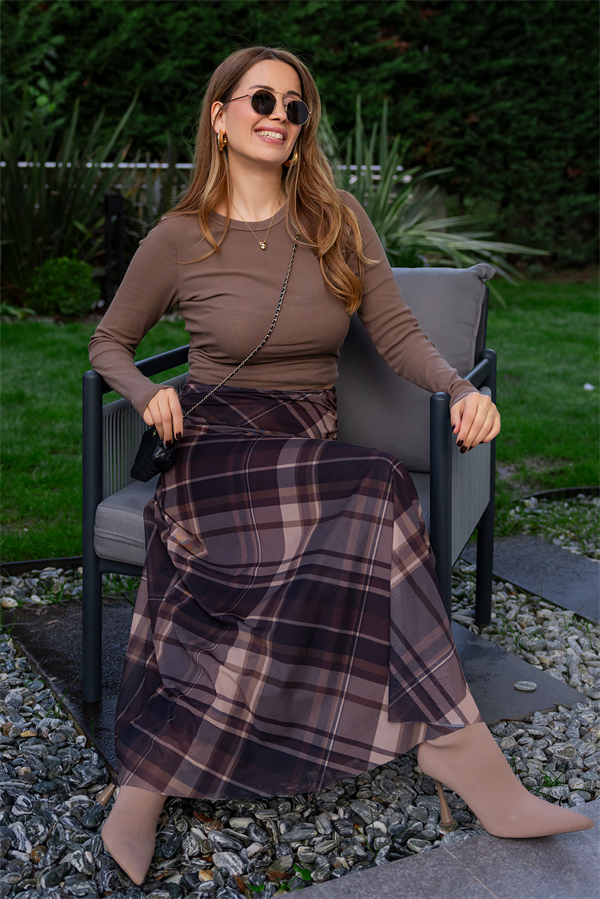 Şifon Ekose Etek - KAHVERENGİ