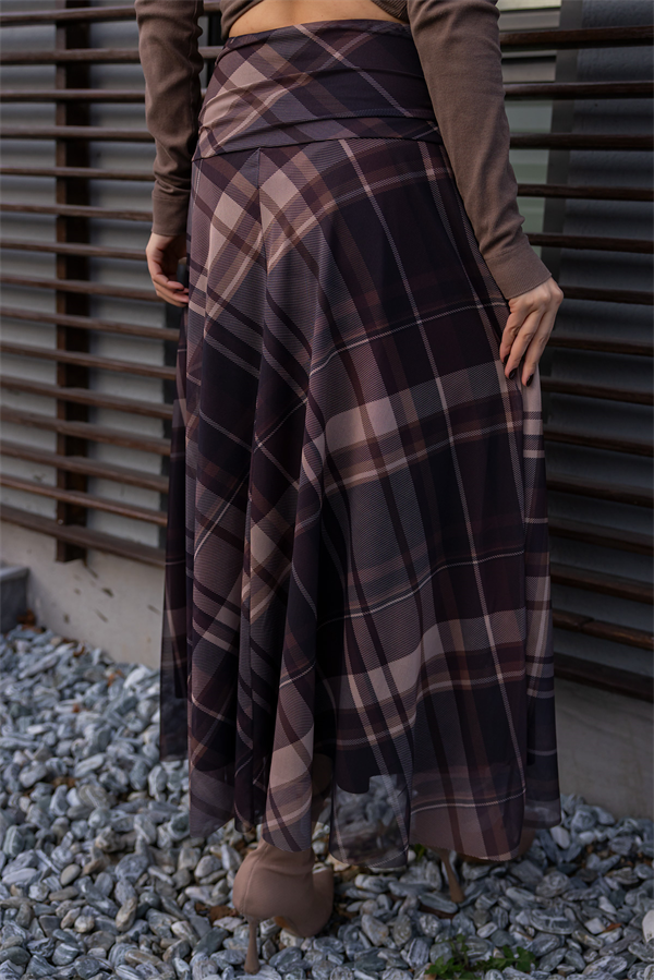 Şifon Ekose Etek - KAHVERENGİ