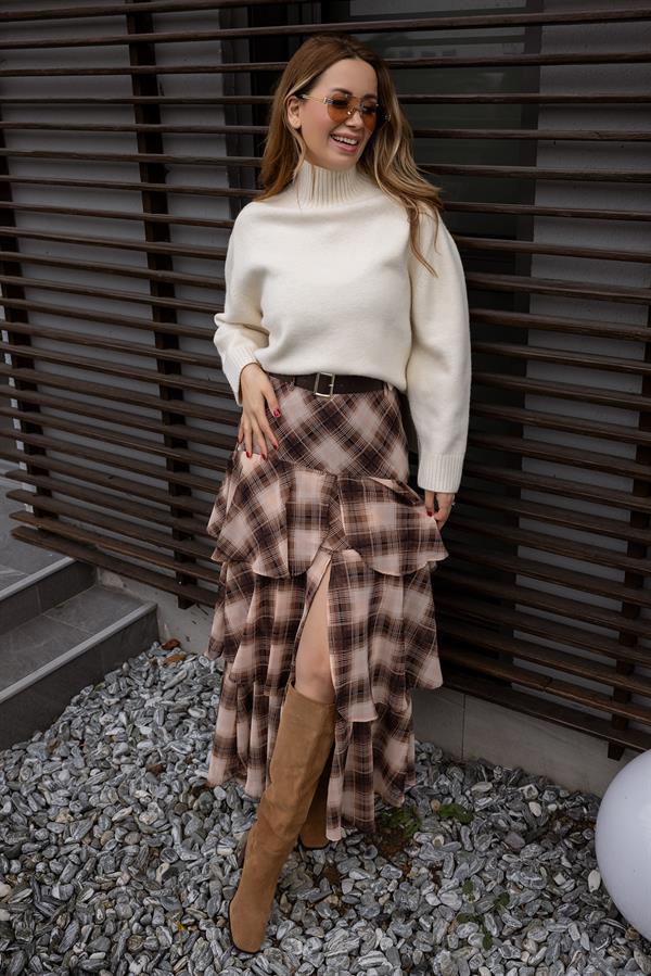 Şifon Kat Kat Ekoseli Etek - KAHVERENGİ