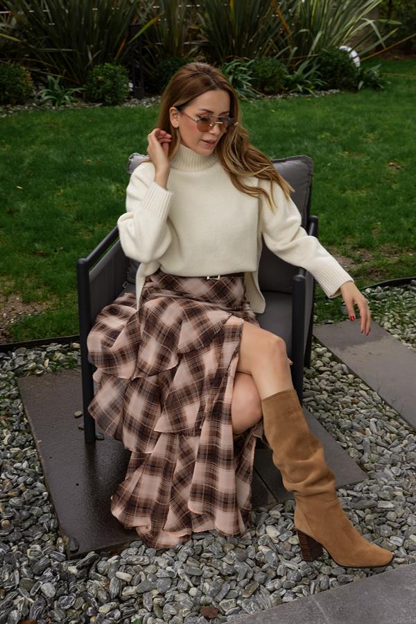 Şifon Kat Kat Ekoseli Etek - KAHVERENGİ