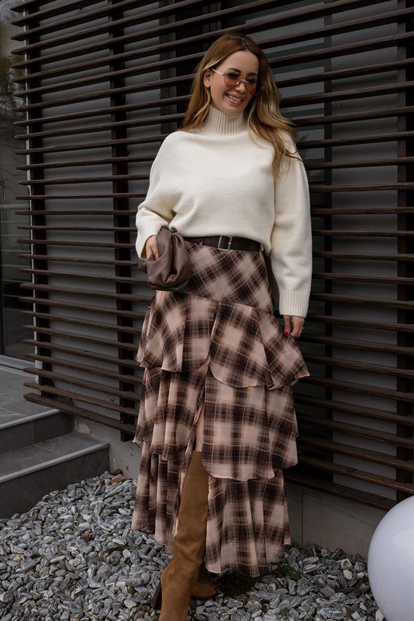 Şifon Kat Kat Ekoseli Etek - KAHVERENGİ