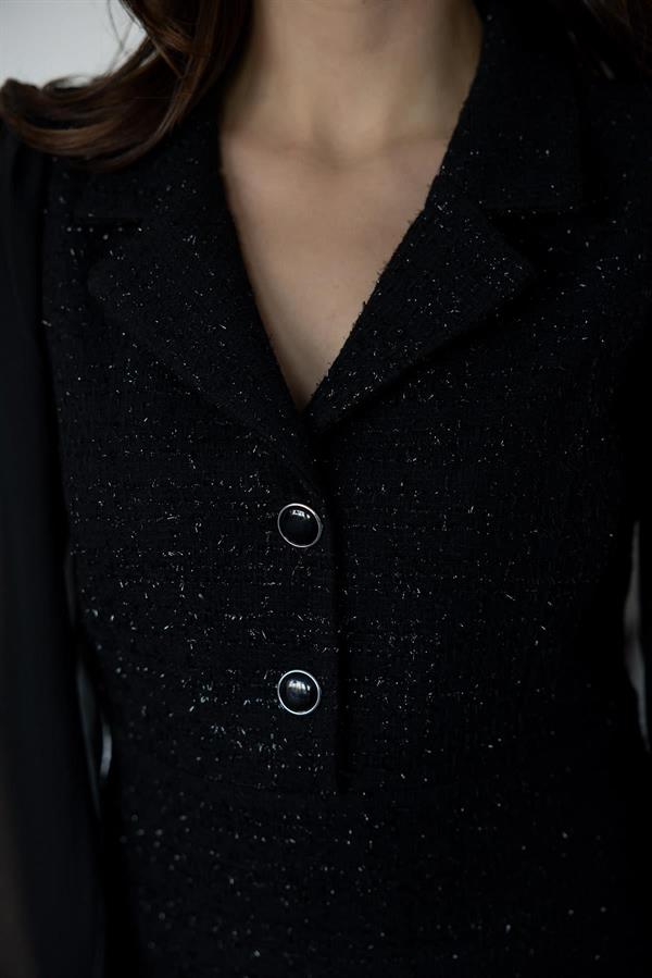 Buttoned Tweed Dress with Chiffon Sleeves - Black