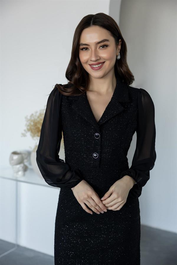 Buttoned Tweed Dress with Chiffon Sleeves - Black