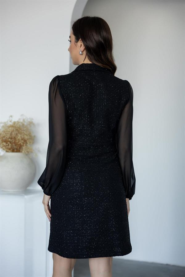 Buttoned Tweed Dress with Chiffon Sleeves - Black