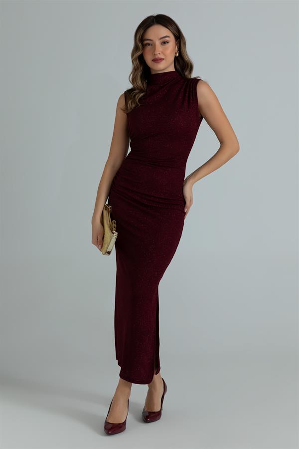 Glitter Ruched Dress - Burgundy