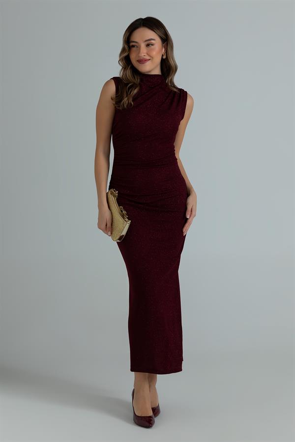 Glitter Ruched Dress - Burgundy