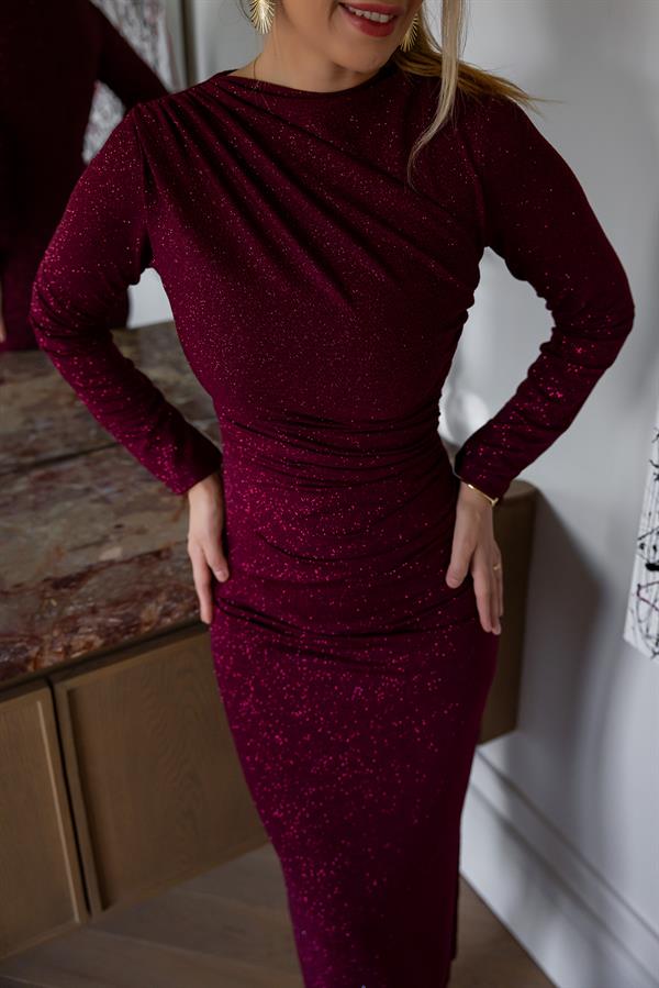 Simli Drapeli Elbise - BORDO