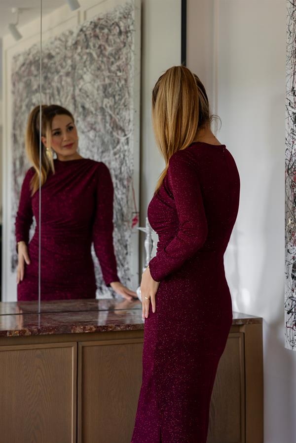 Simli Drapeli Elbise - BORDO