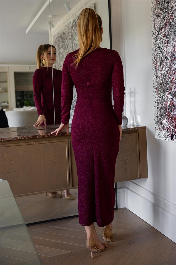 Simli Drapeli Elbise - BORDO