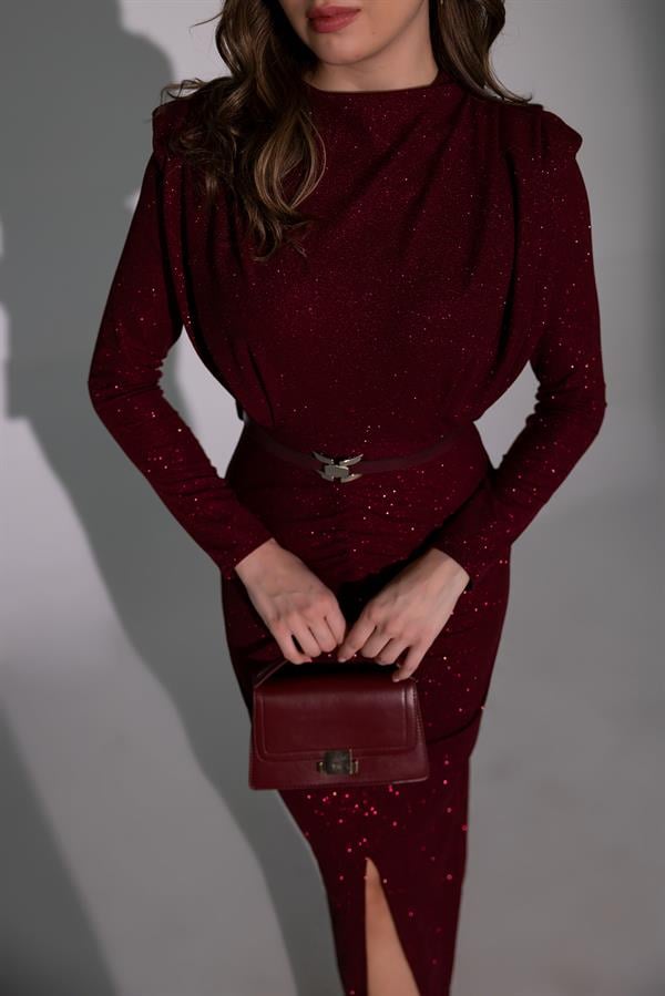 Simli Uzun Gece Elbisesi - BORDO