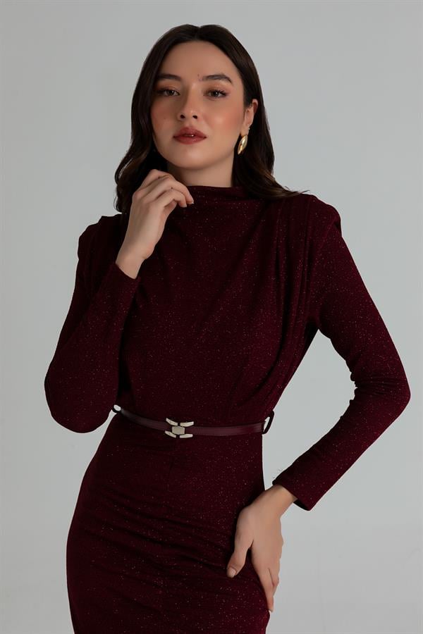 Simli Uzun Gece Elbisesi - BORDO