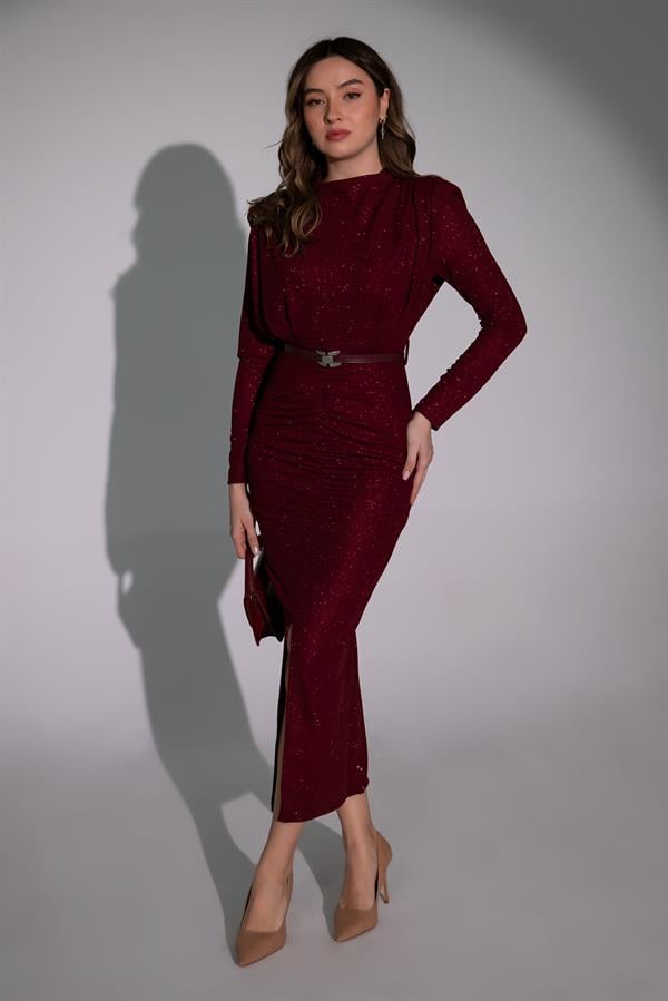 Simli Uzun Gece Elbisesi - BORDO