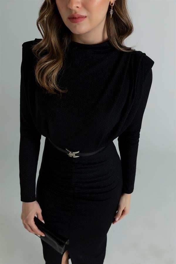 Simli Uzun Gece Elbisesi - SİYAH