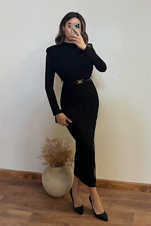 Simli Uzun Gece Elbisesi - SİYAH