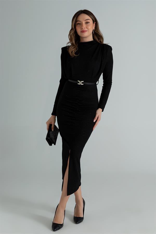 Simli Uzun Gece Elbisesi - SİYAH