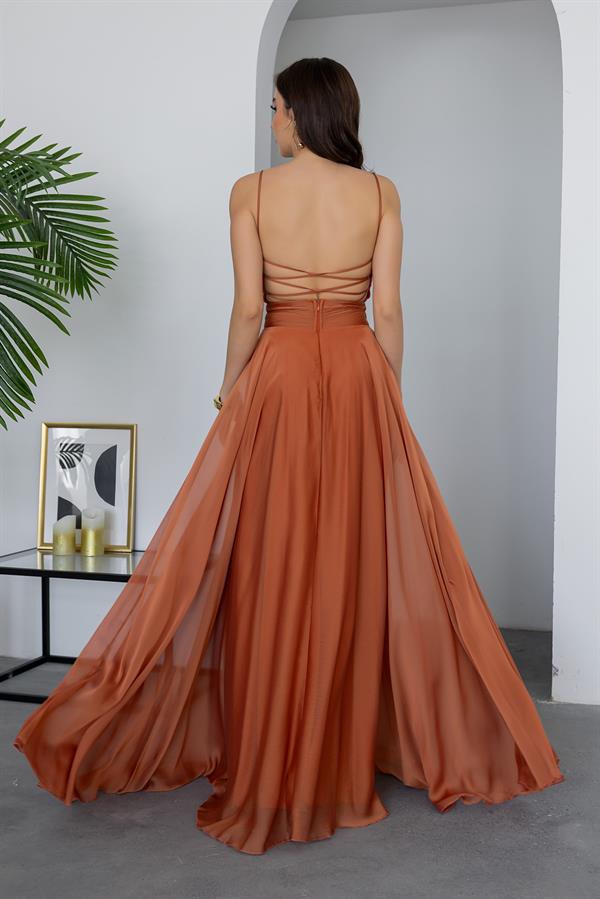 Sırt Çapraz Uzun Abiye - KİREMİT