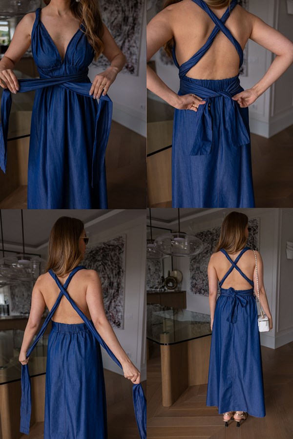 Sırt Dekolteli Denim Elbise - LACİVERT