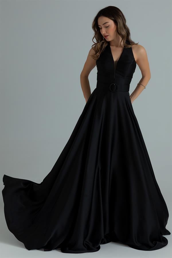 Sırt Dekolteli Kemerli Saten abiye - SİYAH